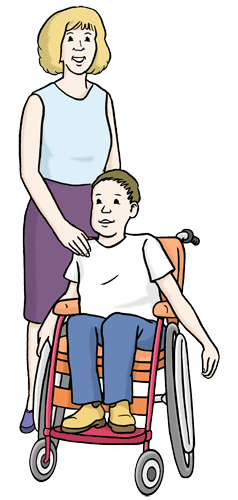 Eine Mutter steht neben ihrem Kind, das im Rollstuhl sitzt