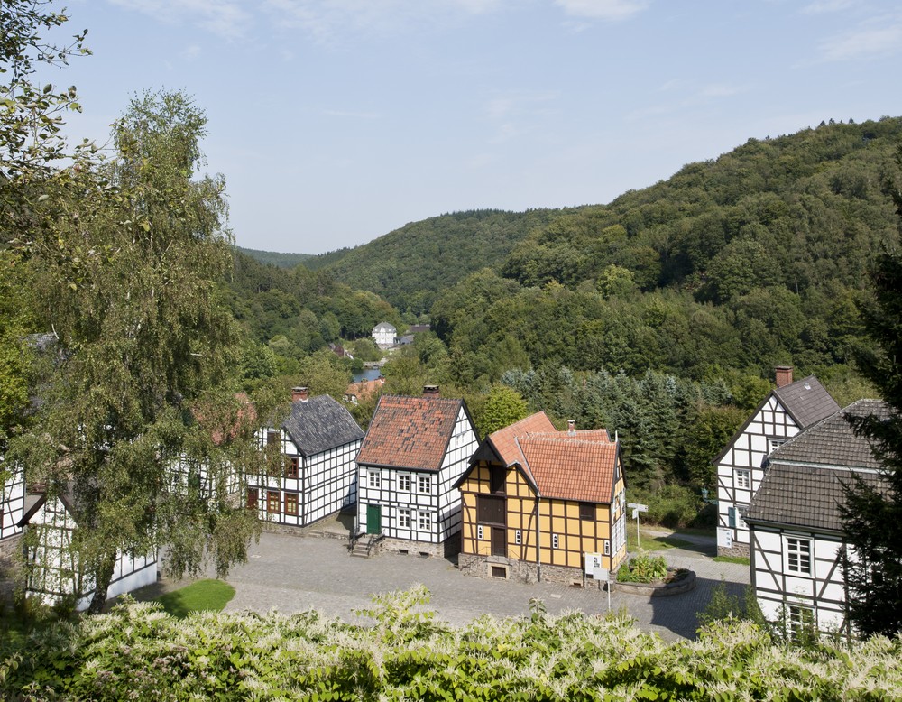 Historische Fachwerkhäuser umgeben von Bäumen