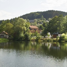 Blick über einen Teich auf bewaldete Hänge